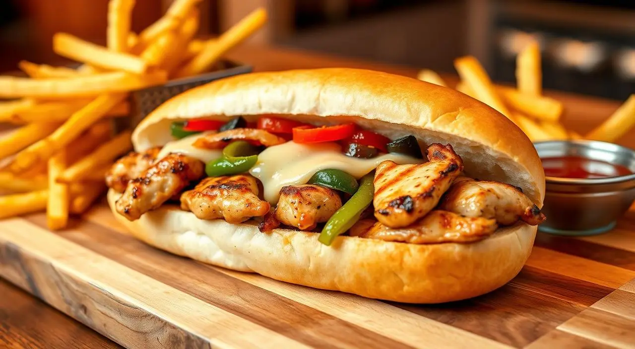 a sandwich with meat and vegetables on a wooden surface