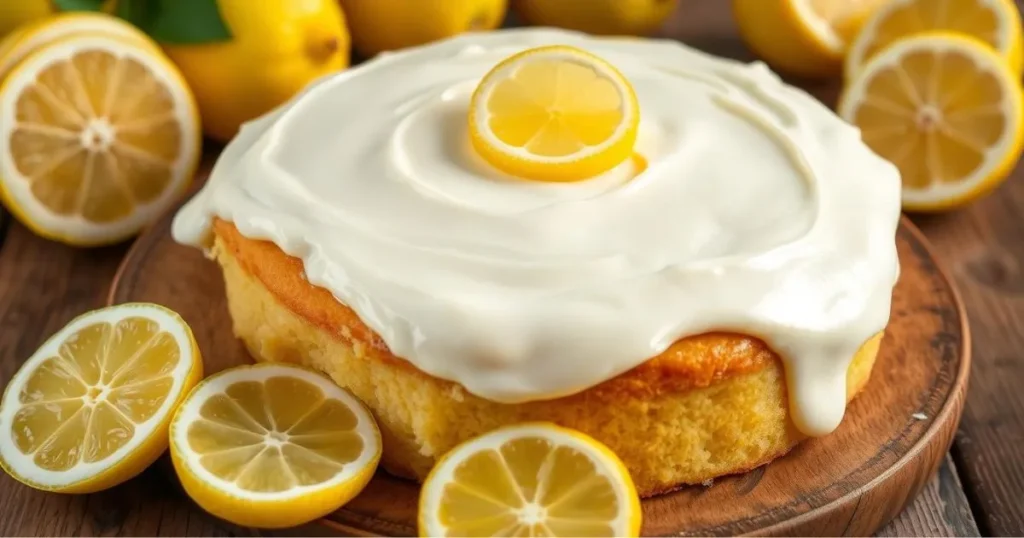 a cake with white frosting and lemon slices