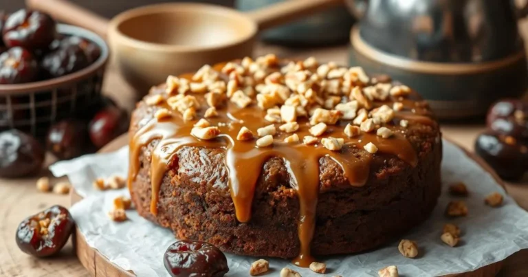 a cake with caramel topping and nuts