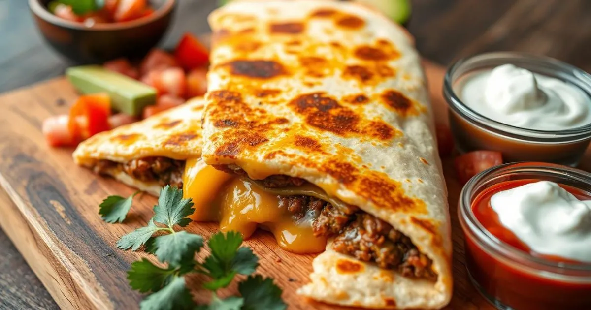 a quesadilla with cheese and meat on a wooden surface