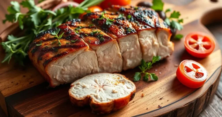 a piece of meat with herbs on a wooden plate