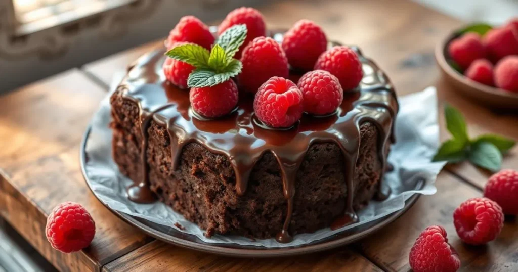 a chocolate cake with raspberries and mint leaves