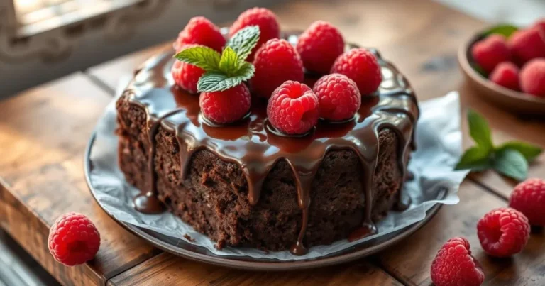 a chocolate cake with raspberries and mint leaves