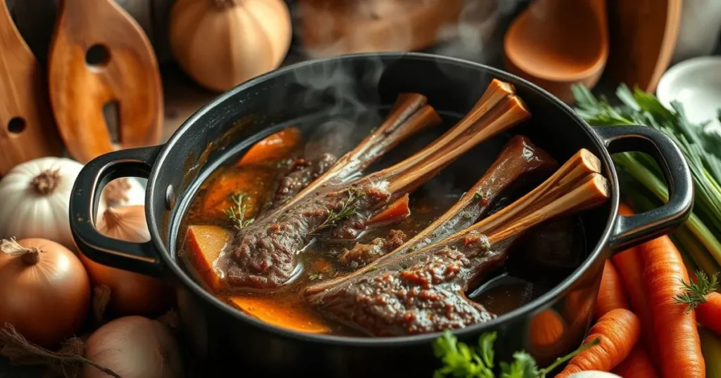 a pot of soup with meat and vegetables