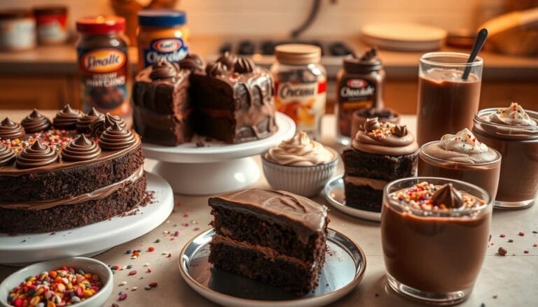 a table with chocolate cakes and drinks